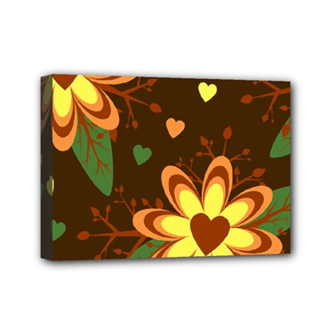 Floral Hearts Brown Green Retro Mini Canvas 7  X 5  (stretched)