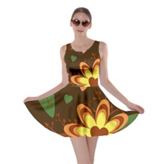 Floral Hearts Brown Green Retro Skater Dress by HermanTelo