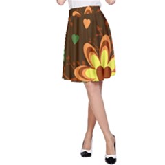 Floral Hearts Brown Green Retro A-line Skirt