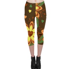 Floral Hearts Brown Green Retro Capri Leggings 