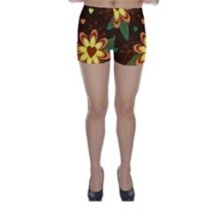 Floral Hearts Brown Green Retro Skinny Shorts