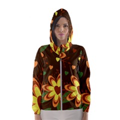 Floral Hearts Brown Green Retro Women s Hooded Windbreaker by HermanTelo