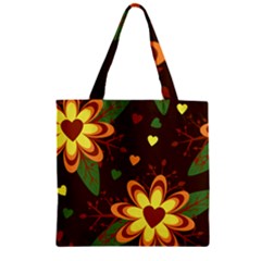 Floral Hearts Brown Green Retro Zipper Grocery Tote Bag