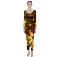 Floral Hearts Brown Green Retro Long Sleeve Catsuit