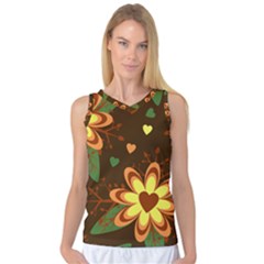 Floral Hearts Brown Green Retro Women s Basketball Tank Top