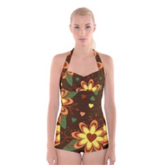 Floral Hearts Brown Green Retro Boyleg Halter Swimsuit 