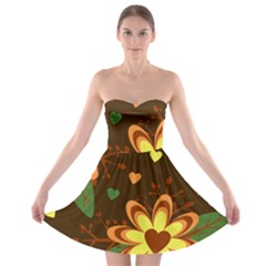 Floral Hearts Brown Green Retro Strapless Bra Top Dress