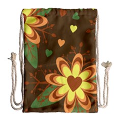 Floral Hearts Brown Green Retro Drawstring Bag (large)