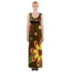 Floral Hearts Brown Green Retro Maxi Thigh Split Dress