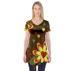 Floral Hearts Brown Green Retro Short Sleeve Tunic 