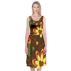 Floral Hearts Brown Green Retro Midi Sleeveless Dress