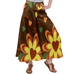 Floral Hearts Brown Green Retro Satin Palazzo Pants