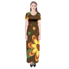 Floral Hearts Brown Green Retro Short Sleeve Maxi Dress