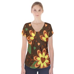 Floral Hearts Brown Green Retro Short Sleeve Front Detail Top