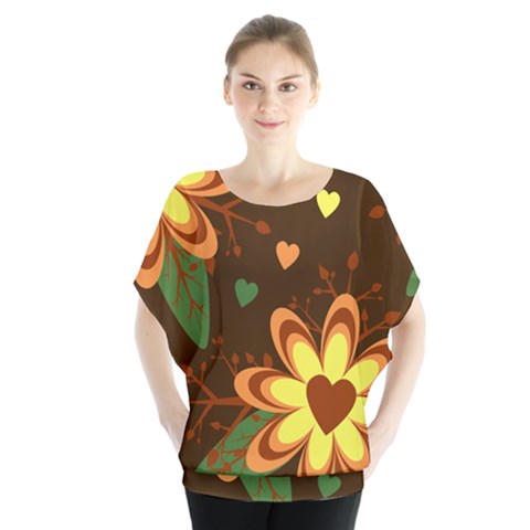 Floral Hearts Brown Green Retro Batwing Chiffon Blouse by HermanTelo