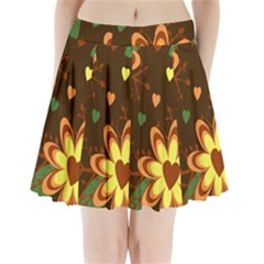 Floral Hearts Brown Green Retro Pleated Mini Skirt