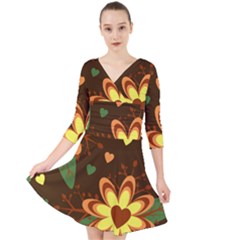 Floral Hearts Brown Green Retro Quarter Sleeve Front Wrap Dress by HermanTelo