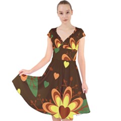 Floral Hearts Brown Green Retro Cap Sleeve Front Wrap Midi Dress