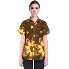 Floral Hearts Brown Green Retro Women s Short Sleeve Shirt