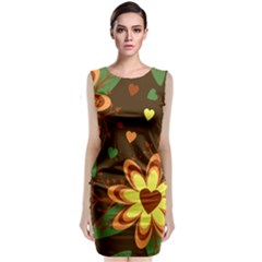 Floral Hearts Brown Green Retro Sleeveless Velvet Midi Dress