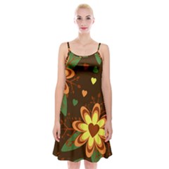 Floral Hearts Brown Green Retro Spaghetti Strap Velvet Dress