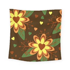 Floral Hearts Brown Green Retro Square Tapestry (small)