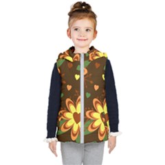 Floral Hearts Brown Green Retro Kids  Hooded Puffer Vest