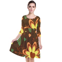 Floral Hearts Brown Green Retro Quarter Sleeve Waist Band Dress