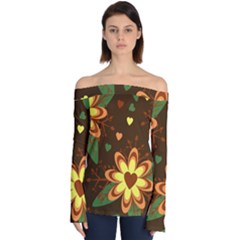 Floral Hearts Brown Green Retro Off Shoulder Long Sleeve Top by HermanTelo