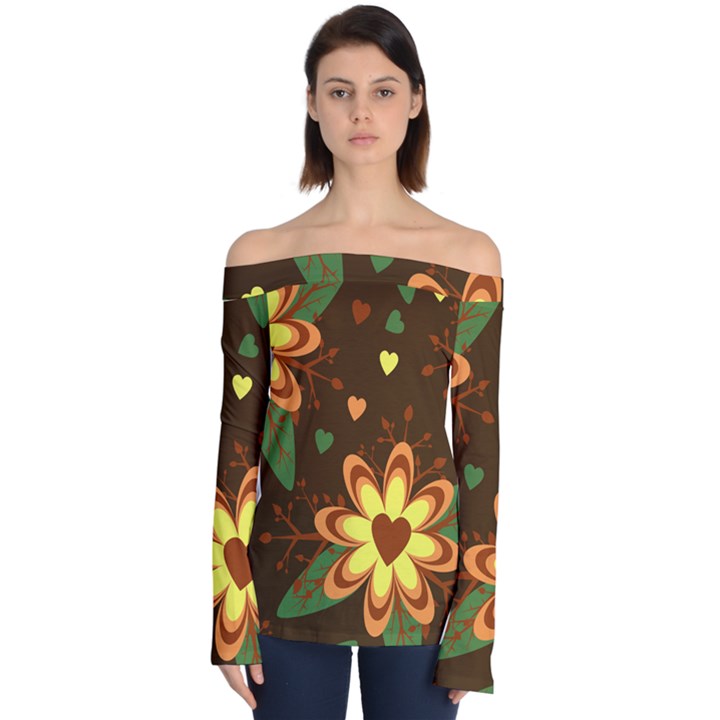 Floral Hearts Brown Green Retro Off Shoulder Long Sleeve Top