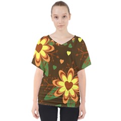 Floral Hearts Brown Green Retro V-neck Dolman Drape Top by HermanTelo