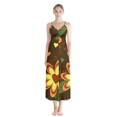 Floral Hearts Brown Green Retro Button Up Chiffon Maxi Dress