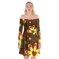 Floral Hearts Brown Green Retro Off Shoulder Skater Dress