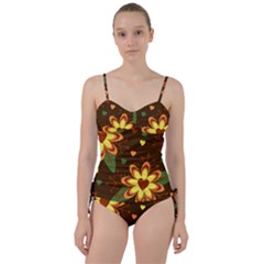 Floral Hearts Brown Green Retro Sweetheart Tankini Set