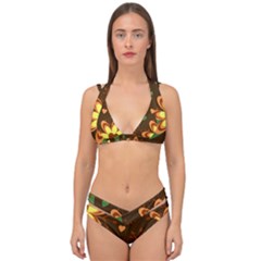 Floral Hearts Brown Green Retro Double Strap Halter Bikini Set