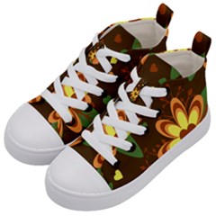 Floral Hearts Brown Green Retro Kids  Mid-top Canvas Sneakers