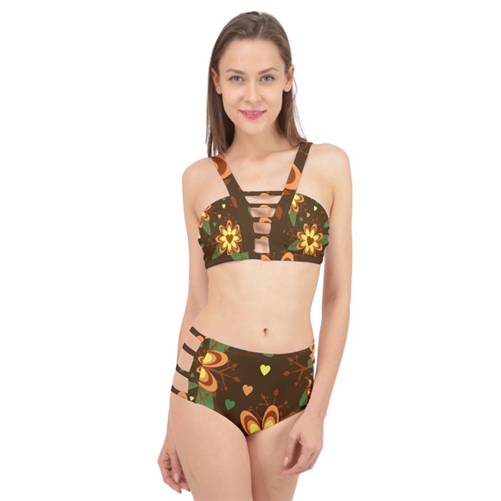 Floral Hearts Brown Green Retro Cage Up Bikini Set