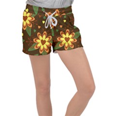 Floral Hearts Brown Green Retro Women s Velour Lounge Shorts