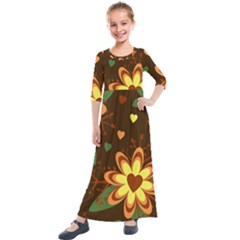 Floral Hearts Brown Green Retro Kids  Quarter Sleeve Maxi Dress by HermanTelo