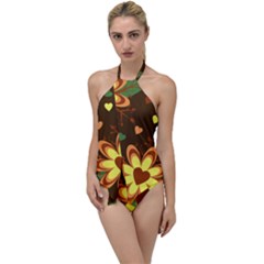 Floral Hearts Brown Green Retro Go With The Flow One Piece Swimsuit by HermanTelo