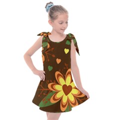 Floral Hearts Brown Green Retro Kids  Tie Up Tunic Dress