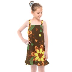 Floral Hearts Brown Green Retro Kids  Overall Dress