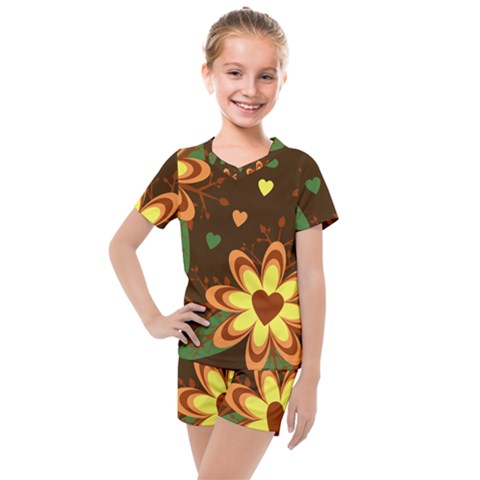 Floral Hearts Brown Green Retro Kids  Mesh Tee And Shorts Set by HermanTelo