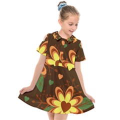 Floral Hearts Brown Green Retro Kids  Short Sleeve Shirt Dress