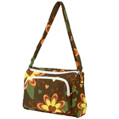 Floral Hearts Brown Green Retro Front Pocket Crossbody Bag