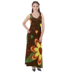 Floral Hearts Brown Green Retro Sleeveless Velour Maxi Dress