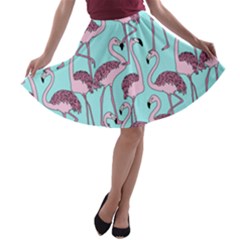 Flemish Rosa Birds Nature Fauna Flamenco A-line Skater Skirt