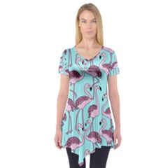 Flemish Rosa Birds Nature Fauna Flamenco Short Sleeve Tunic 