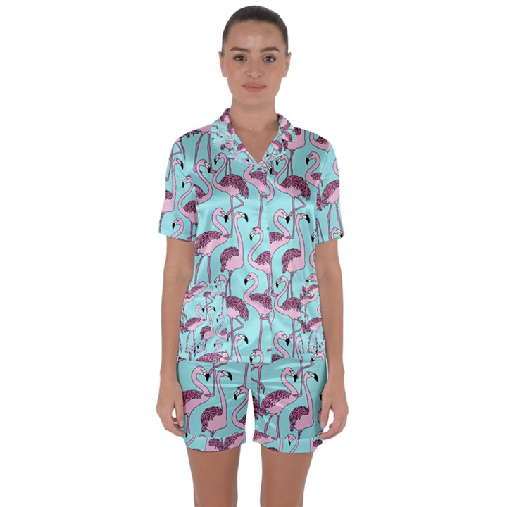 Flemish Rosa Birds Nature Fauna Flamenco Satin Short Sleeve Pyjamas Set