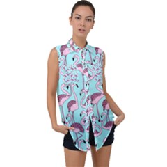 Flemish Rosa Birds Nature Fauna Flamenco Sleeveless Chiffon Button Shirt